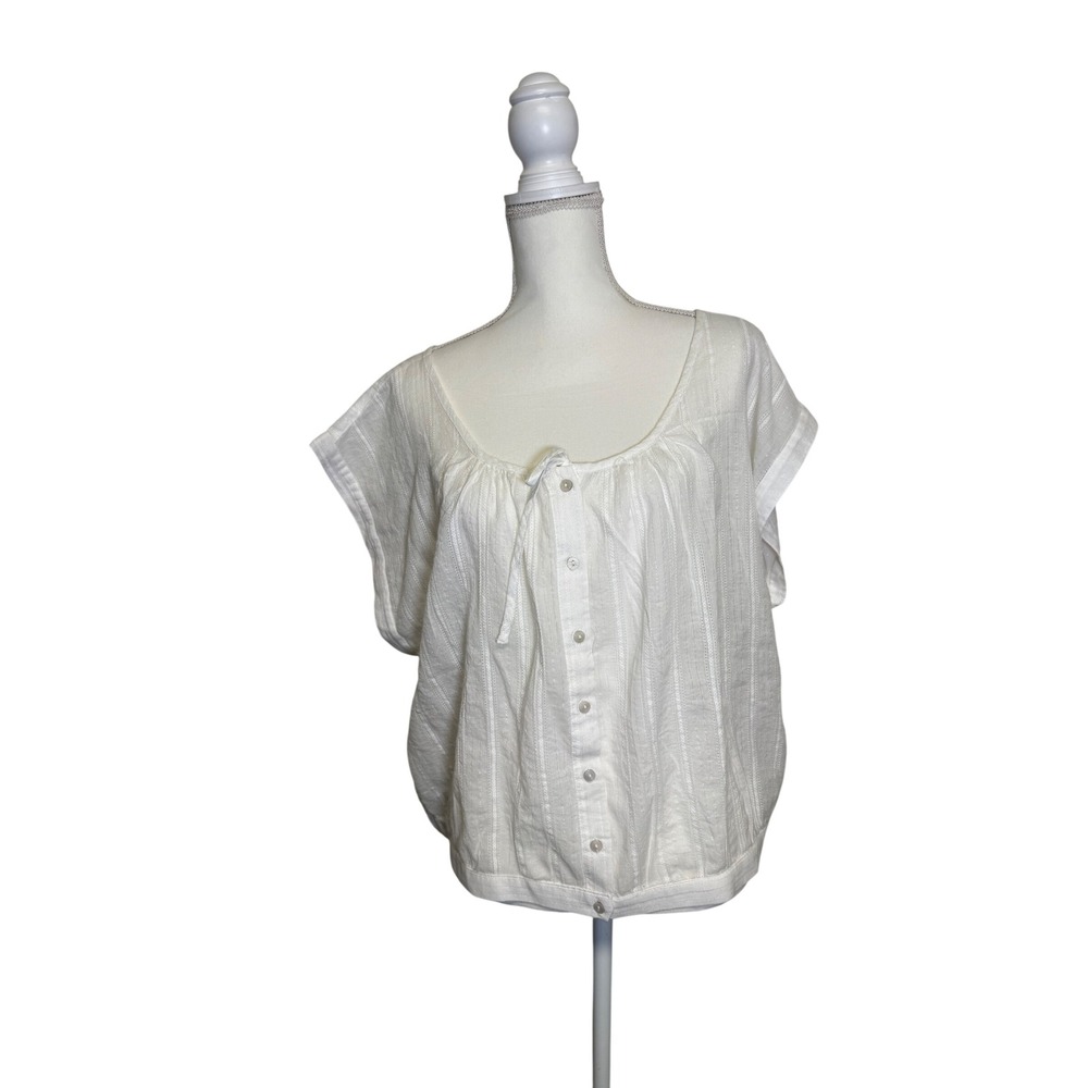 Lucky Brand Women's White Sheer Wide Short Sleeve Boxy Blouse with Bow Size XXL